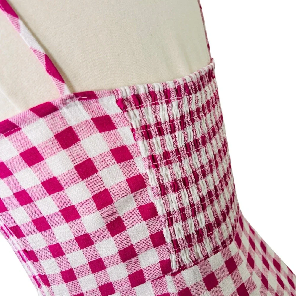 ZARA Pink Gingham Romper/ Mini Dress Sz M Linen Blend Playsuit Sweetheart  White